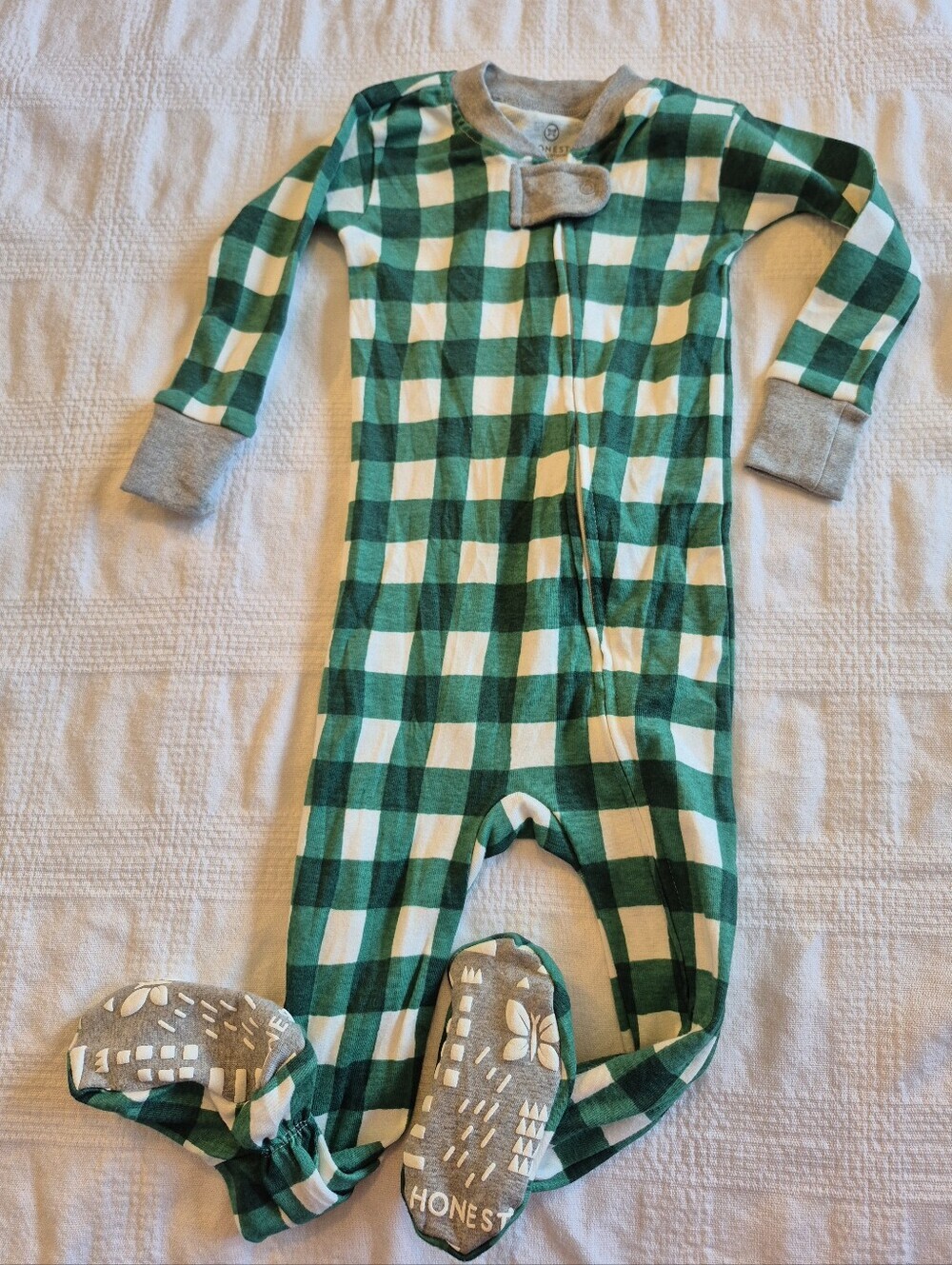Honest baby company 12 months green & white checkered pajama footie EUC